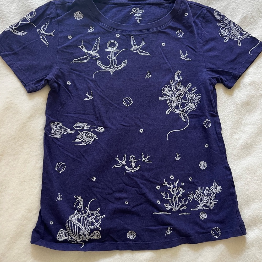 Navy Blue Graphic T-Shirt with Nautical with nautical embroidery